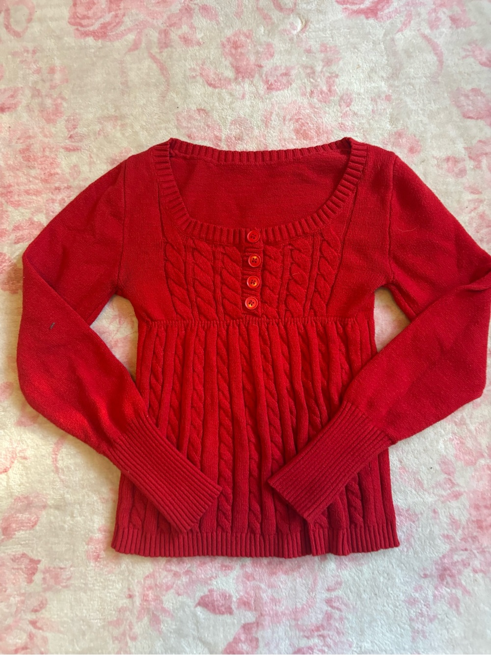 Red cable knit babydoll sweater cardigan with button detail